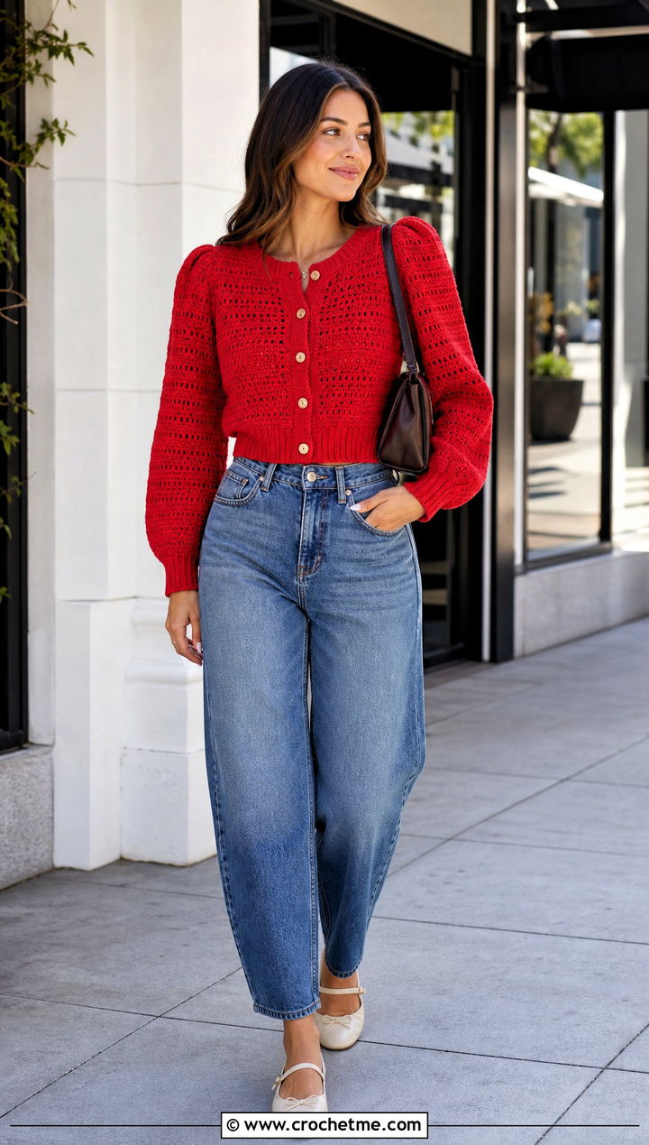 Puff Sleeve Yoke Cardigan With Barrel Jeans - 20 Crochet Yoke Cardigan outfit ideas
