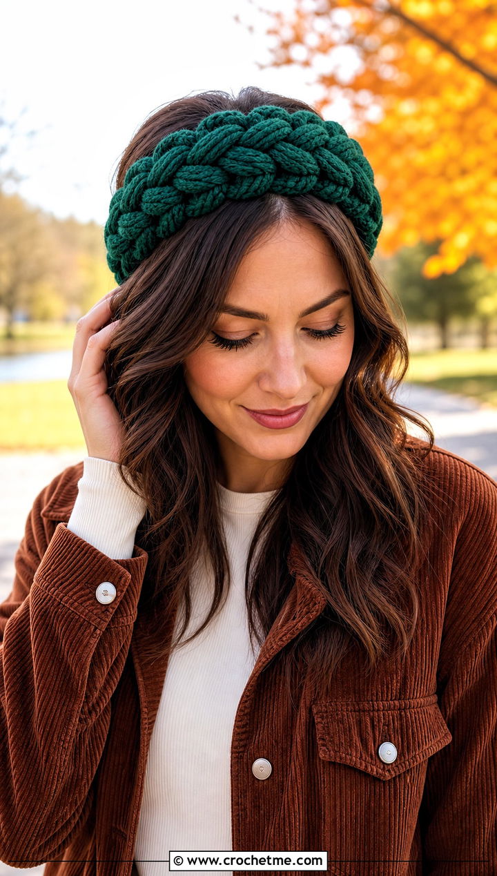 Puff Stitch Braid Headband With Corduroy Jacket - 25 crochet braid headband outfit ideas