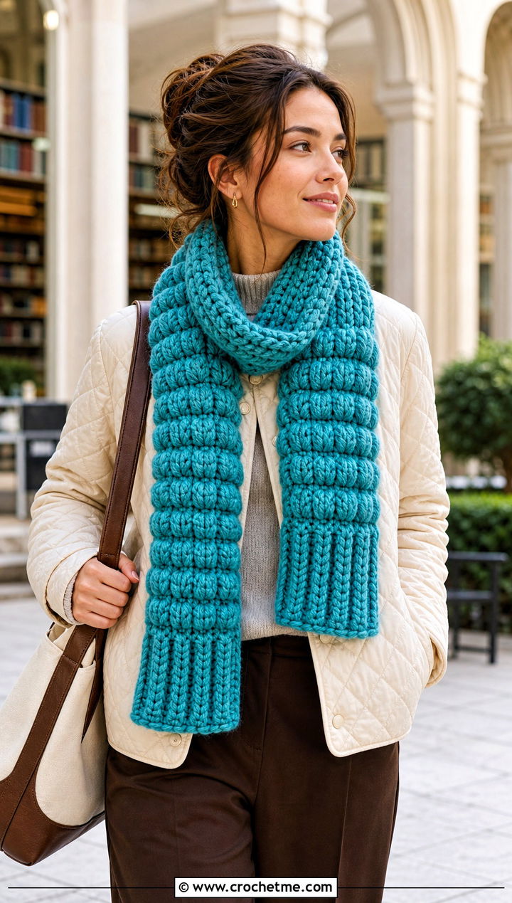 Puff Stitch Brioche Crochet Scarf With Quilted Jacket - 25 Brioche Crochet Scarf outfit ideas