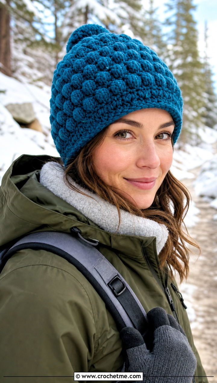 Puff Stitch Bulky Crochet Beanie With Parka - 30 bulky crochet beanie outfit ideas
