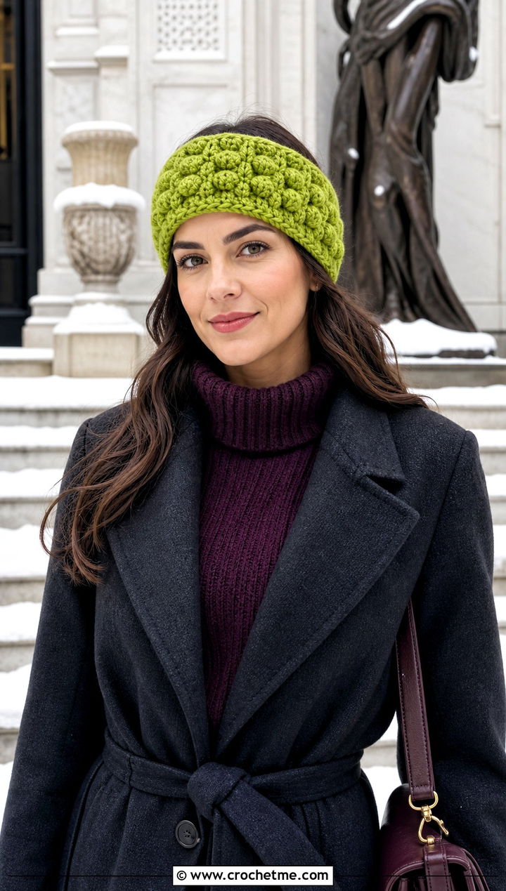 Puff Stitch Bulky Crochet Ear Warmer With Sweater Dress - 25 Bulky Crochet Ear Warmer outfit ideas