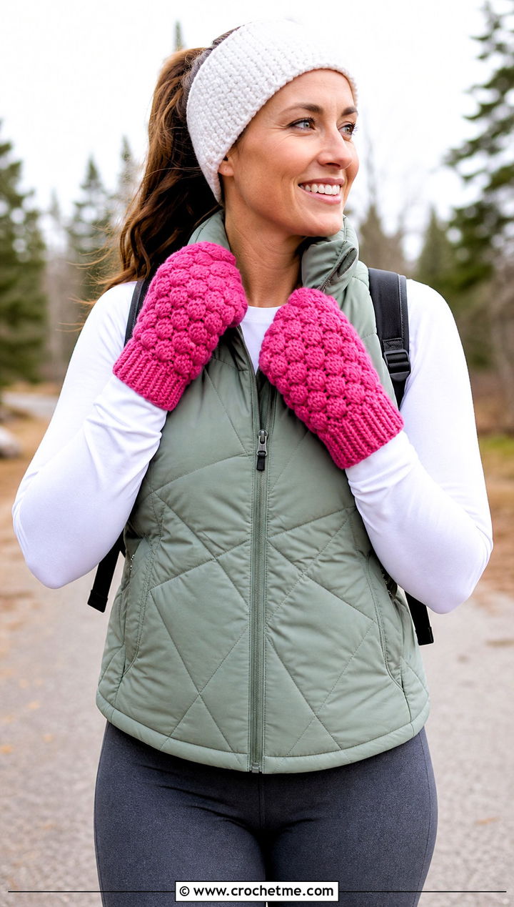 Puff Stitch Bulky Crochet Mittens With Quilted Vest And Leggings - 15 Bulky Crochet Mittens outfit ideas
