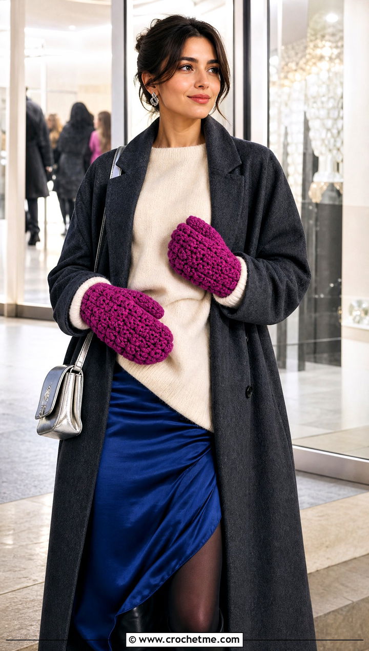 Puff Stitch Bulky Crochet Mittens With Satin Skirt - 20 Crochet Mittens Bulky Yarn outfit ideas