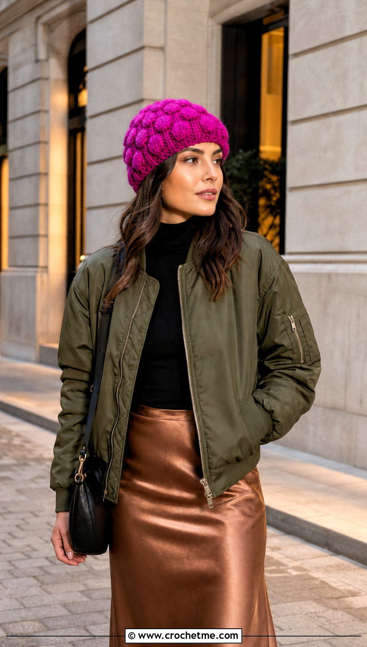 Puff Stitch Bulky Yarn Crochet Beanie With Bomber Jacket - 30 bulky yarn crochet beanie outfit ideas