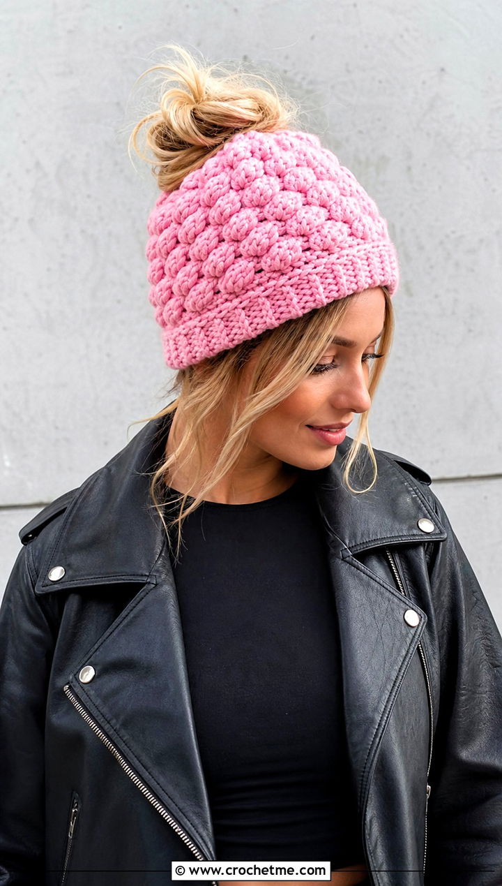 Puff Stitch Bun Beanie With Leather Jacket - 15 bun crochet hat outfit ideas