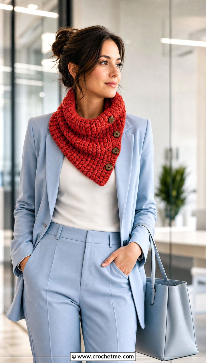 Puff Stitch Button Cowl With Monochrome Suit - 25 crochet button cowl outfit ideas