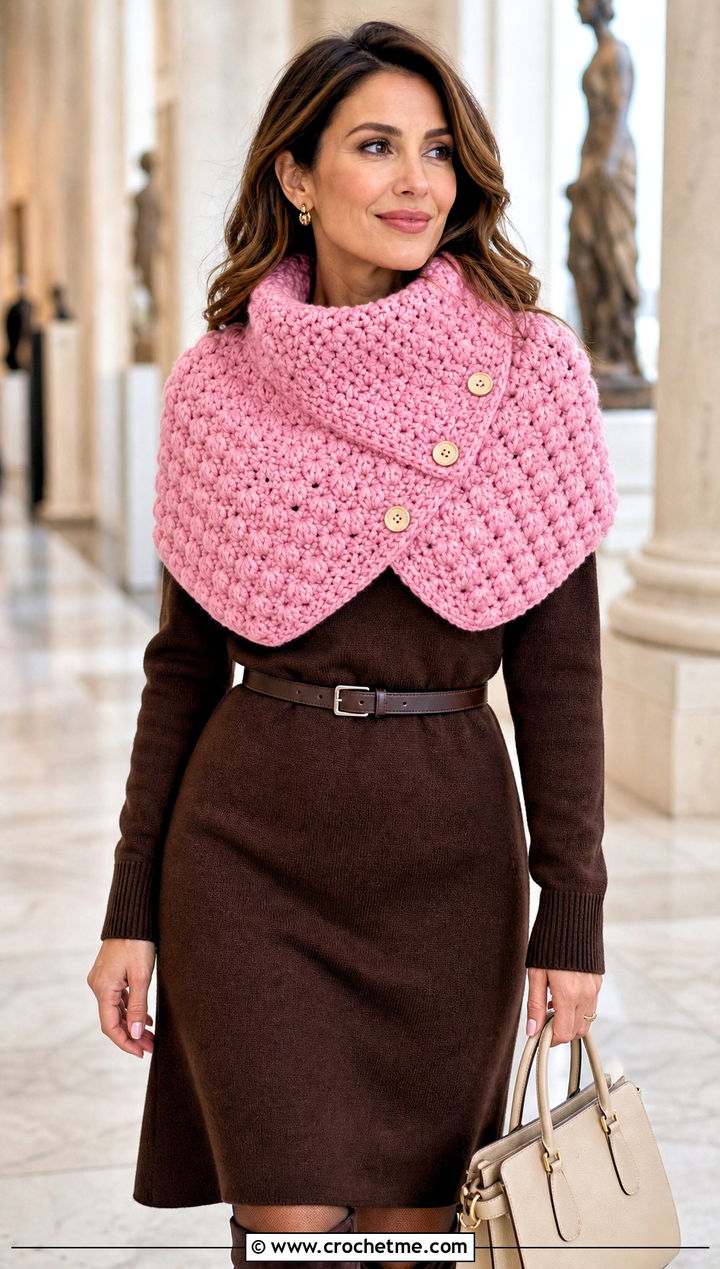 Puff Stitch Button Cowl With Sweater Dress And Knee High Boots - 15 Crochet Cowl With Buttons outfit ideas