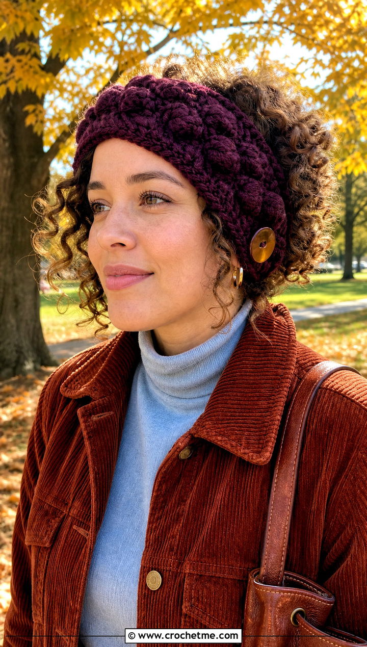 Puff Stitch Button Headband With Corduroy Jacket - 15 Crochet Headband With Button outfit ideas