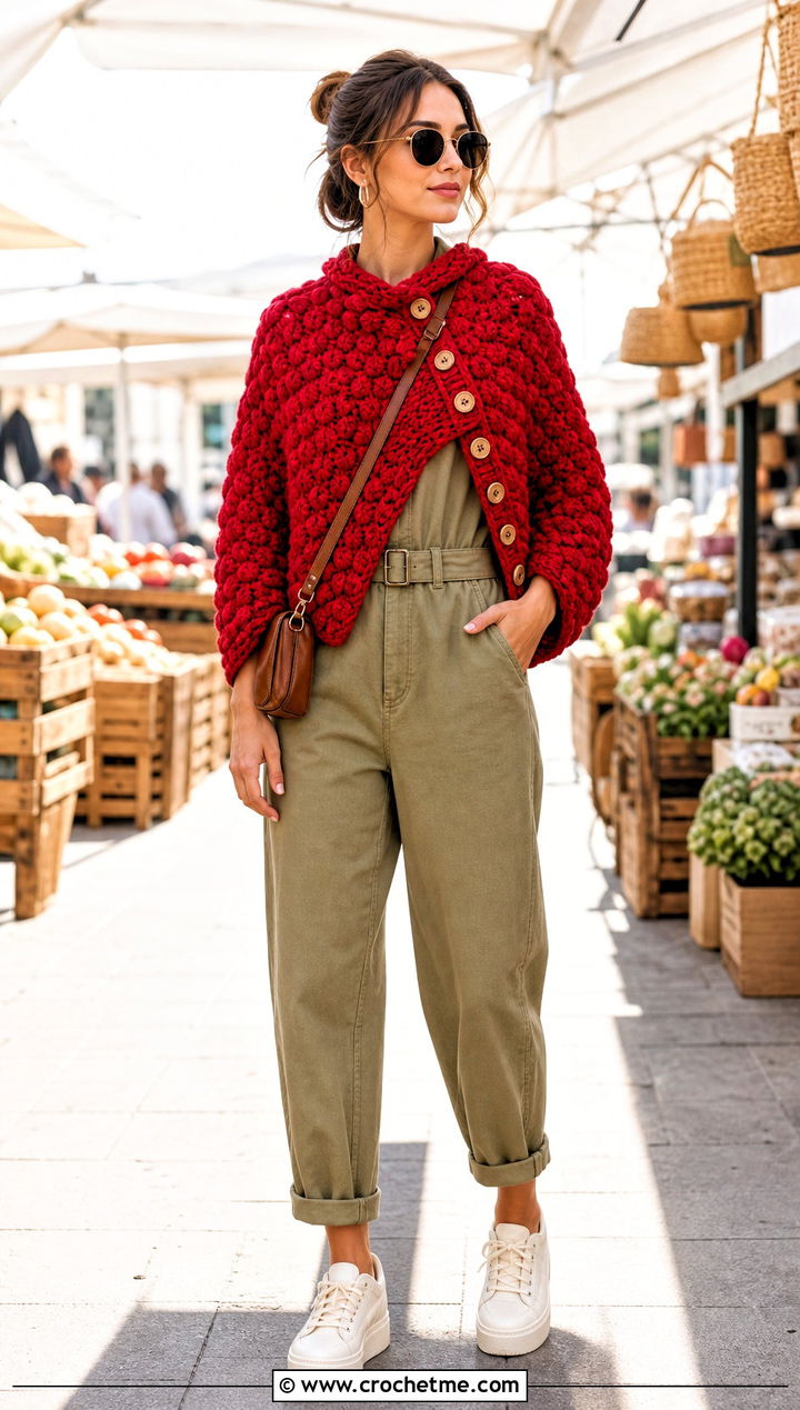 Puff Stitch Buttoned Crochet Wrap With Utility Jumpsuit - 15 Buttoned Crochet Wrap outfit ideas