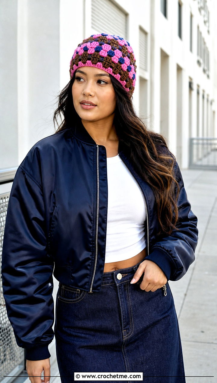 Puff Stitch Camo Crochet Beanie With Bomber Jacket - 20 Camo Beanie Crochet Hat outfit ideas