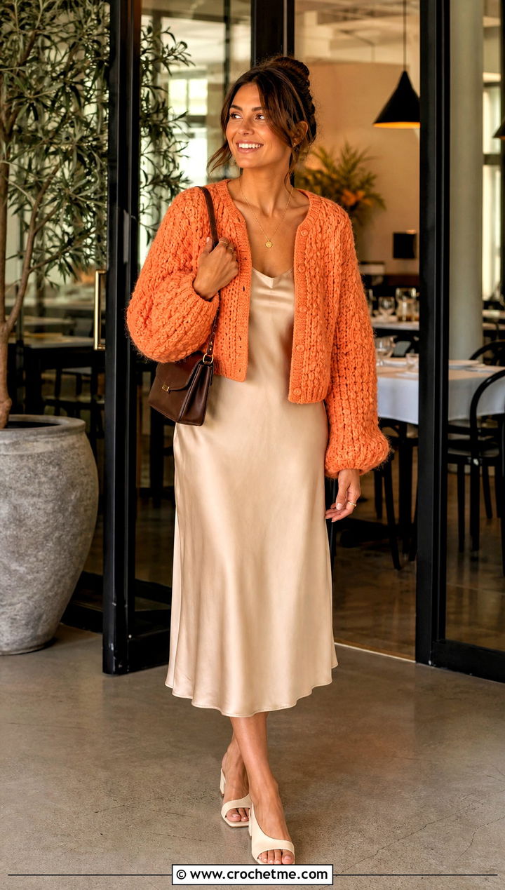 Puff Stitch Cardigan Sweater With Slip Dress - 20 Crochet Puff Stitch Sweater outfit ideas