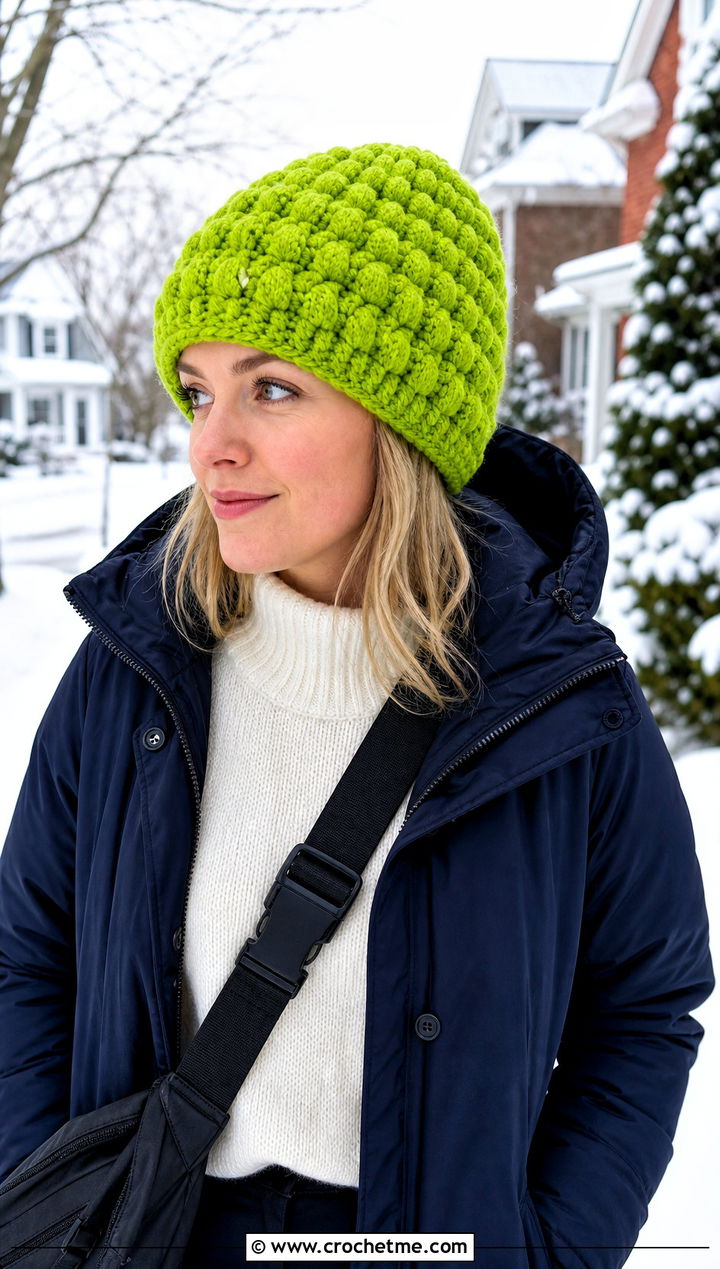 Puff Stitch Chunky Beanie With Parka - 35 crochet chunky beanie outfit ideas
