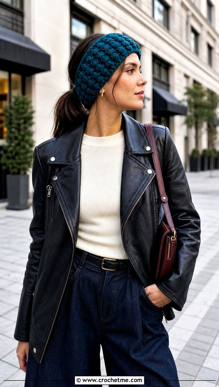 Puff Stitch Chunky Crochet Ear Warmer With Leather Jacket - 30 chunky crochet ear warmer outfit ideas