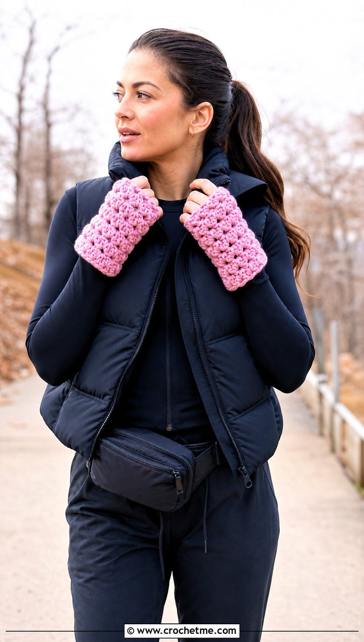 Puff Stitch Chunky Crochet Fingerless Gloves With Puffer Vest - 30 chunky yarn crochet fingerless gloves outfit ideas