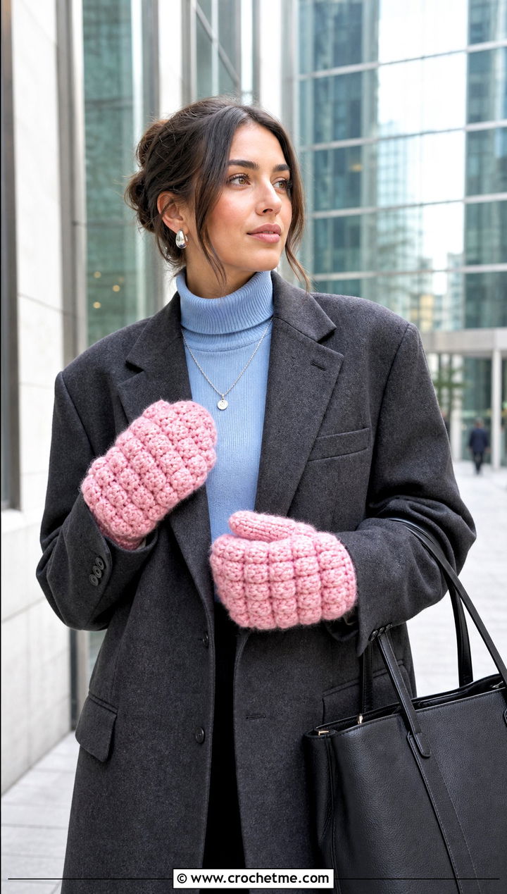 Puff Stitch Chunky Crochet Mittens With Tailored Blazer - 20 Chunky Yarn Crochet Mittens outfit ideas