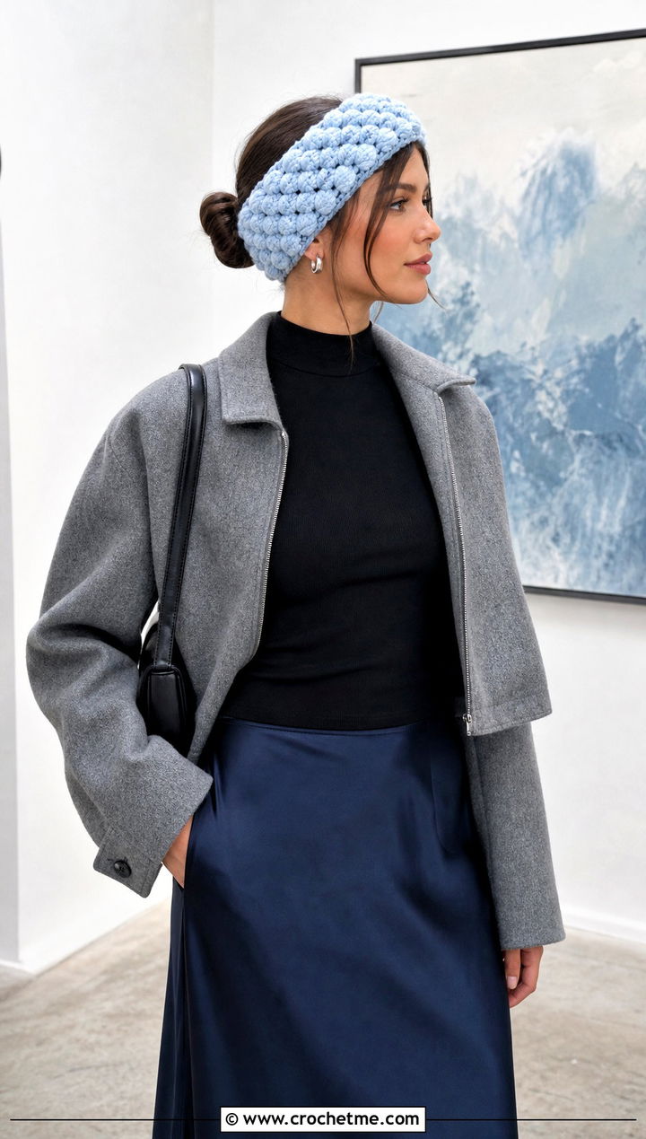 Puff Stitch Chunky Ear Warmer With Satin Skirt - 25 Crochet Chunky Ear Warmer outfit ideas