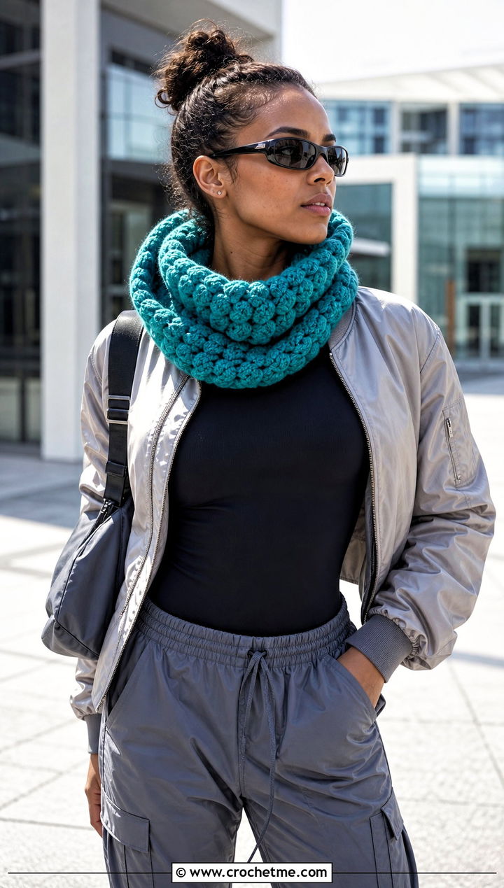 Puff Stitch Cowl Neck Crochet Scarf With Bomber Jacket - 25 Cowl Neck Crochet Scarf outfit ideas