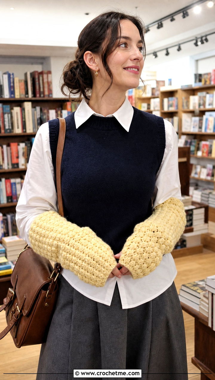 Puff Stitch Crochet Arm Warmers With Sweater Vest - 25 Crochet Arm Warmers Aesthetic outfit ideas