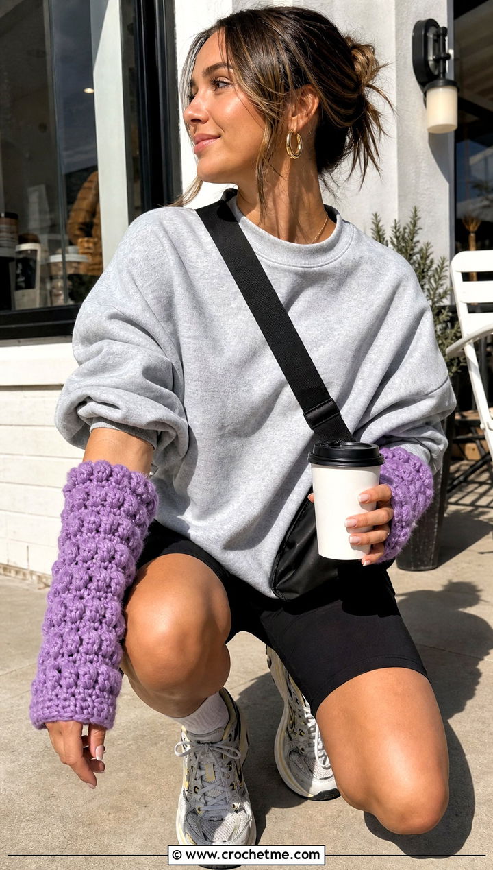 Puff Stitch Crochet Arm Warmers With Sweatshirt And Bike Shorts - 25 Crochet Arm Warmer outfit ideas