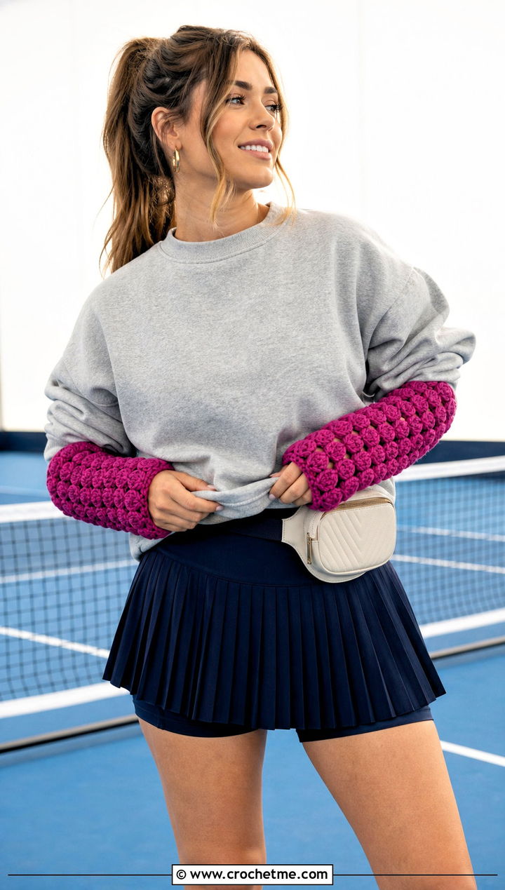 Puff Stitch Crochet Arm Warmers With Sweatshirt And Tennis Skirt - 25 Easy Crochet Arm Warmers outfit ideas