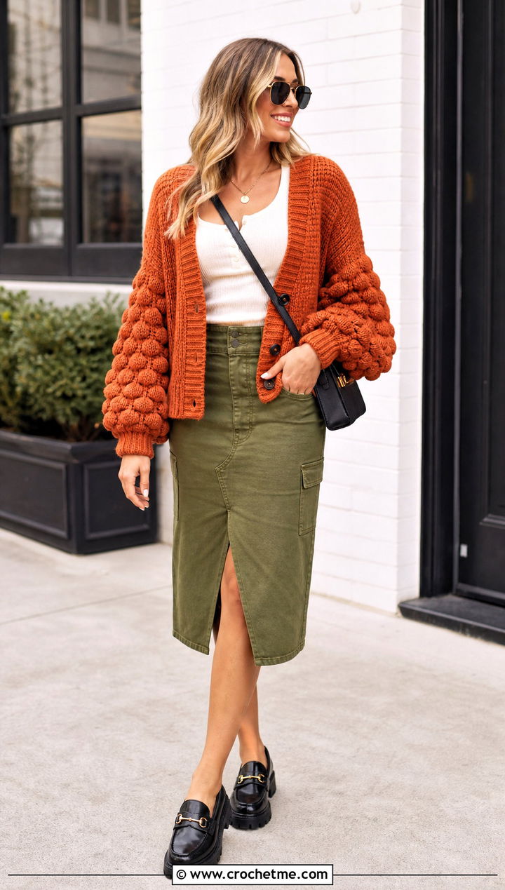 Puff Stitch Crochet Balloon Sleeve Cardigan With Utility Skirt - 30 crochet balloon sleeve cardigan outfit ideas