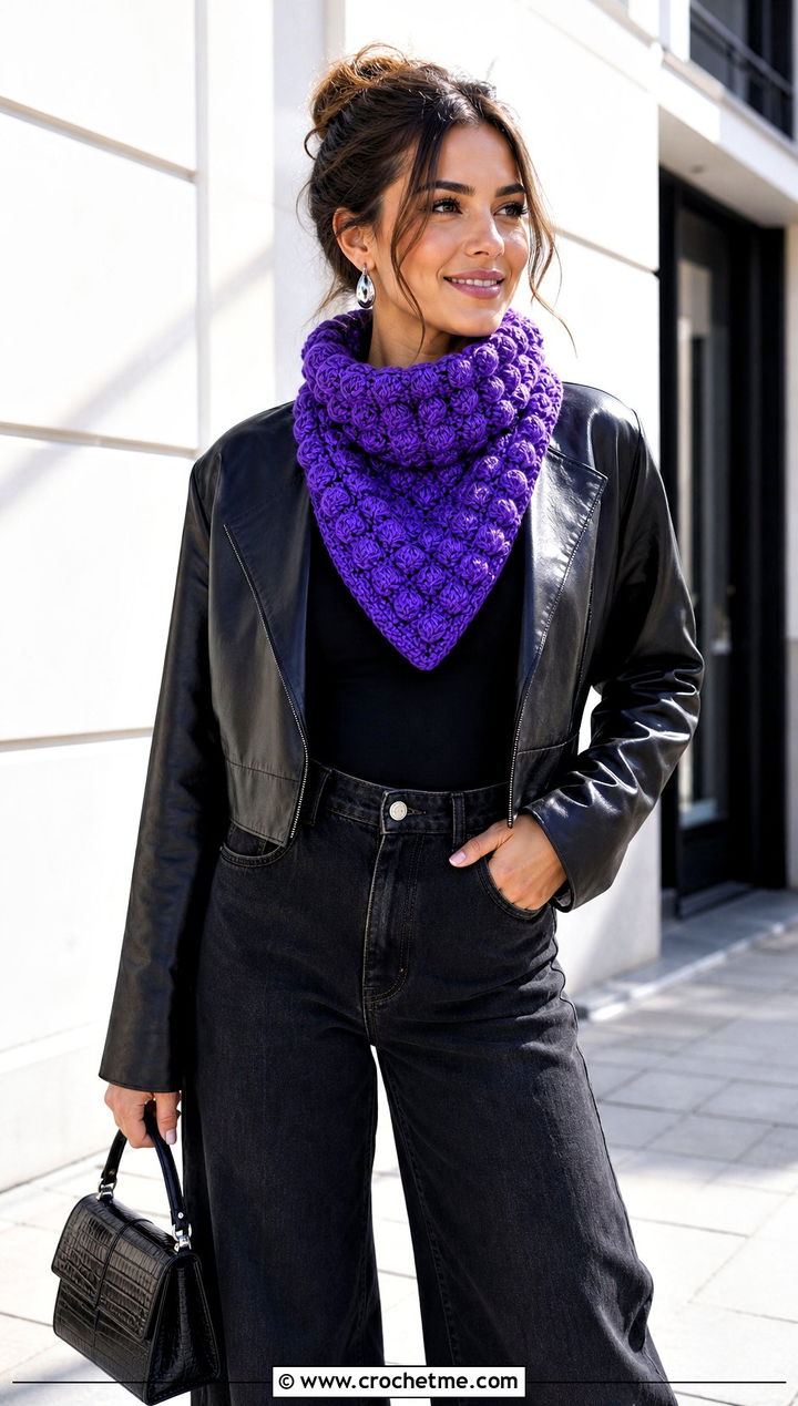 Puff Stitch Crochet Bandana Cowl With Leather Jacket - 30 crochet bandana cowl outfit ideas