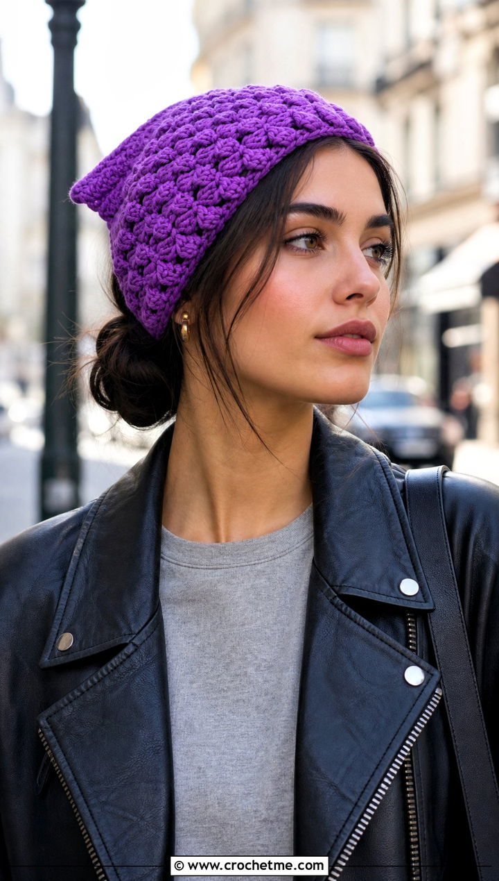 Puff Stitch Crochet Bandana With Leather Jacket - 25 crochet bandana hair scarf outfit ideas