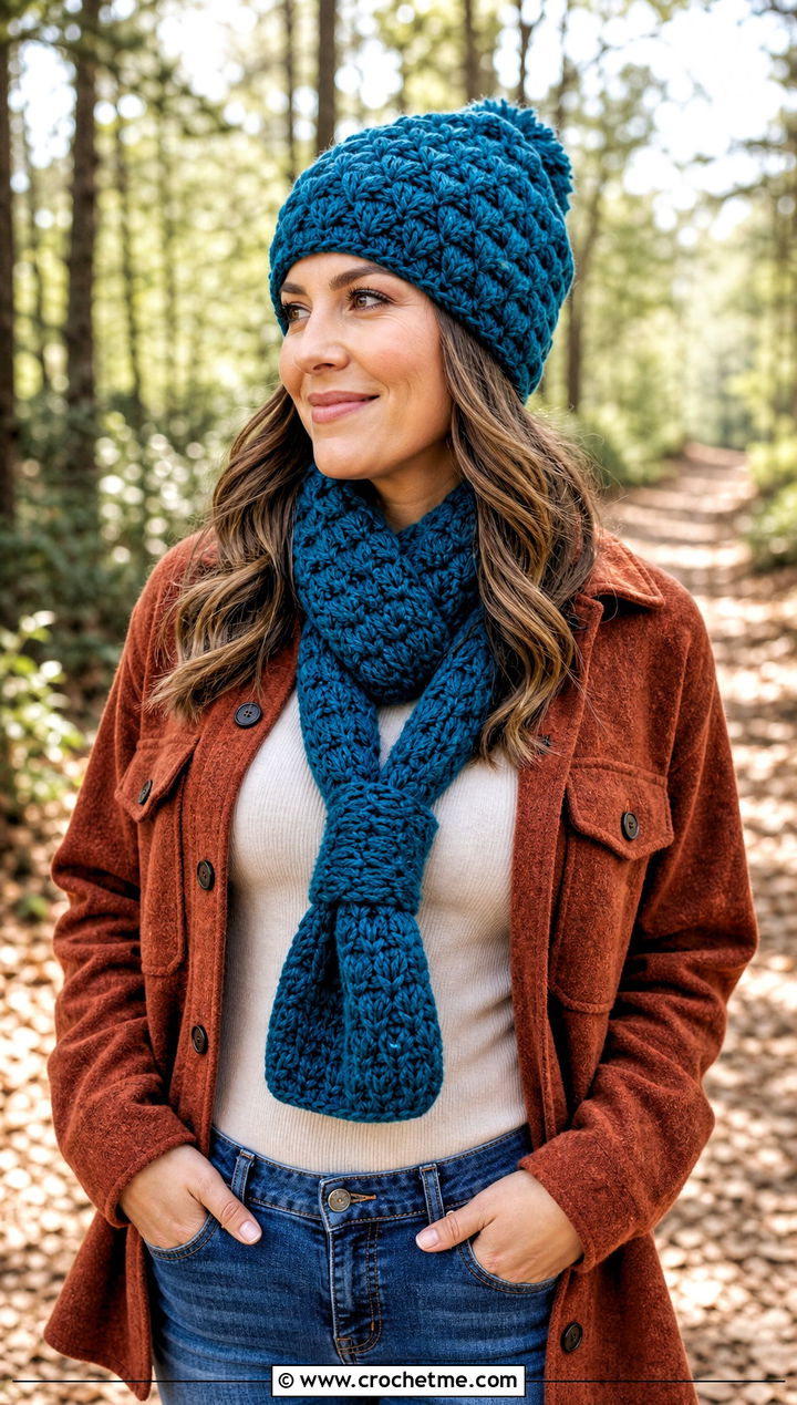 Puff Stitch Crochet Beanie And Keyhole Scarf Set With Shacket - 30 crochet beanie and scarf set outfit ideas
