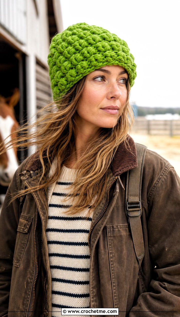 Puff Stitch Crochet Beanie With Barn Jacket - 25 country cottage crochet beanie outfit ideas