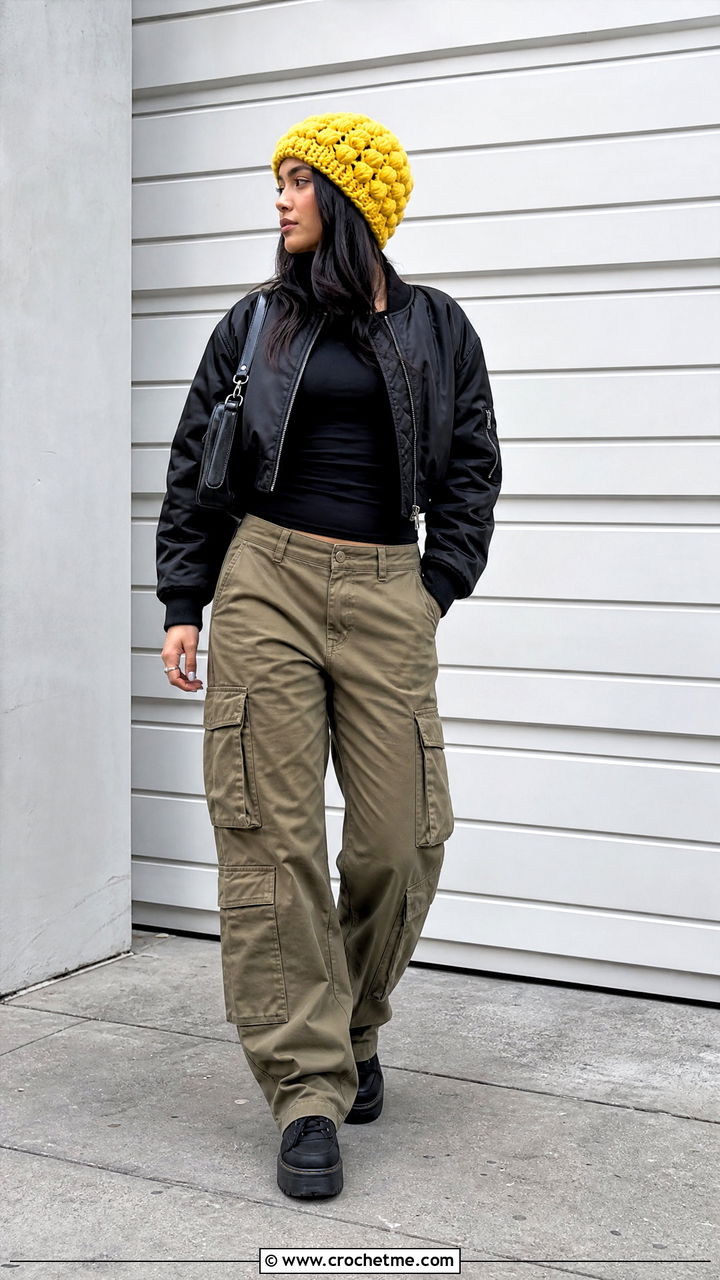 Puff Stitch Crochet Beanie With Cargo Pants - 35 easy crochet beanie womens outfit ideas