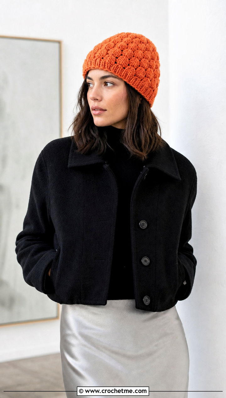 Puff Stitch Crochet Beanie With Satin Midi Skirt - 15 Crochet Textured Beanie outfit ideas