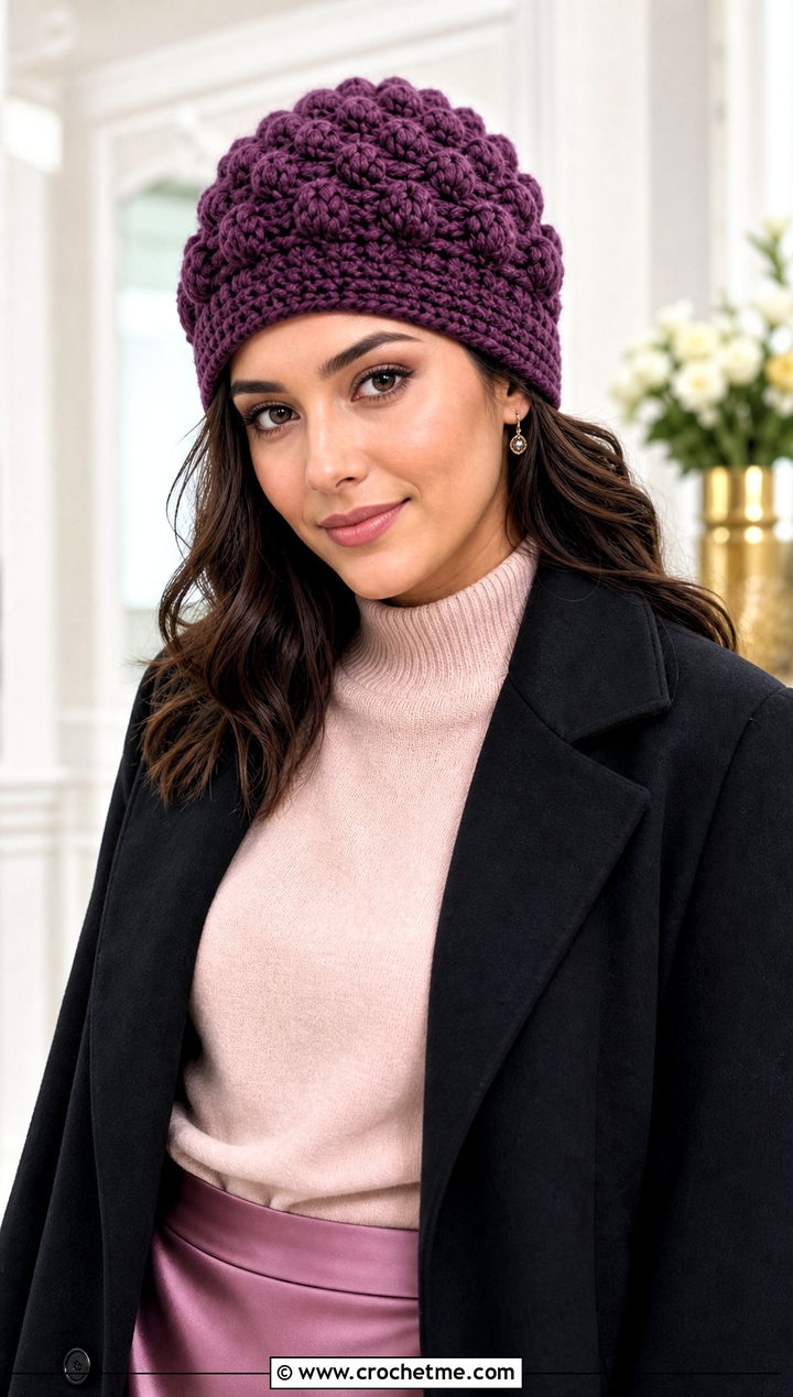 Puff Stitch Crochet Beanie With Satin Skirt And Fitted Sweater - 25 Crochet Beanie Size 4 Yarn outfit ideas