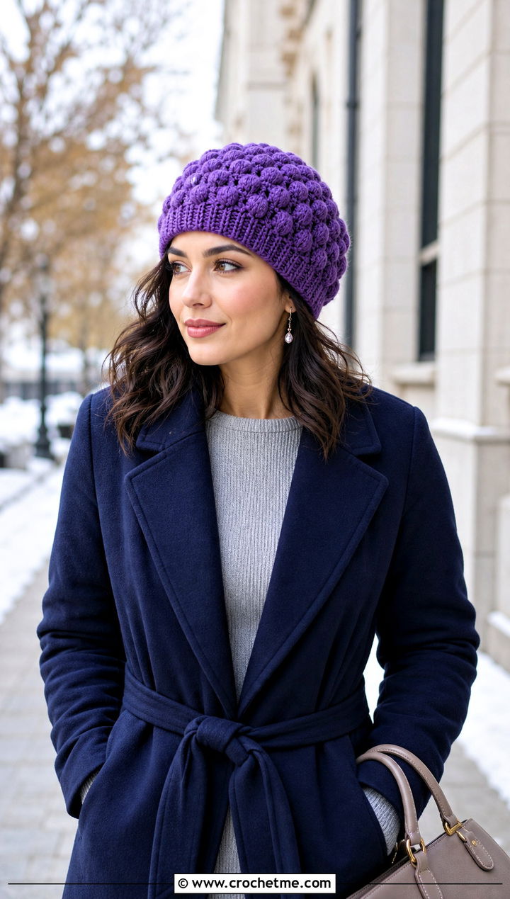 Puff Stitch Crochet Beanie With Sweater Dress - 15 large crochet beanie outfit ideas