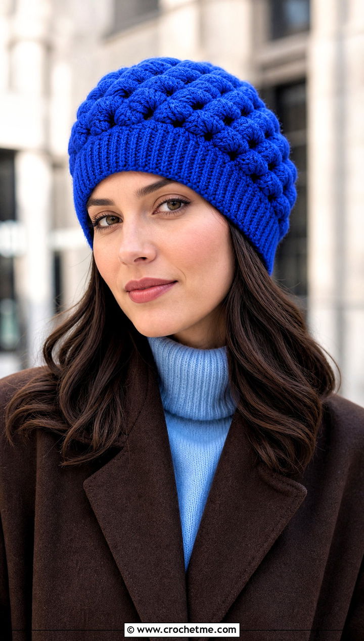 Puff Stitch Crochet Beanie With Wool Coat - 30 crochet beanies for women outfit ideas