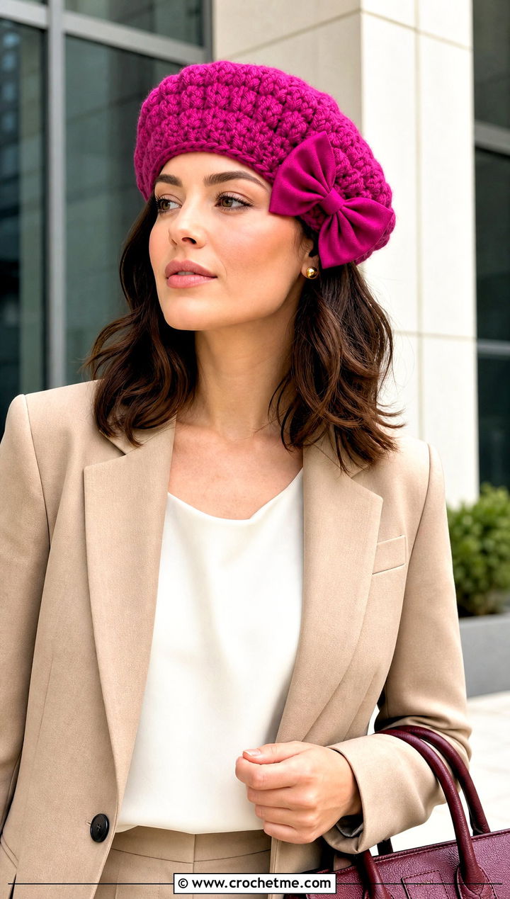 Puff Stitch Crochet Beret With Bow And Tailored Suit - 15 simple crochet beret outfit ideas