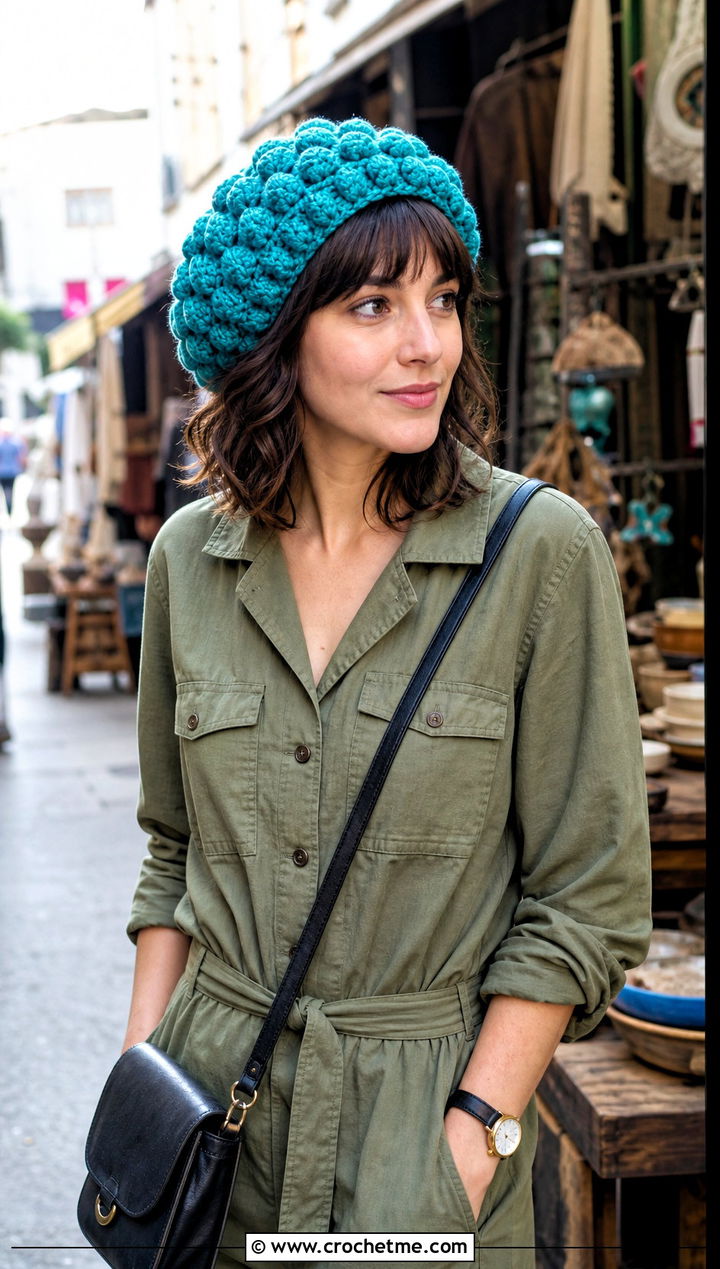 Puff Stitch Crochet Beret With Utility Jumpsuit - 20 crochet beret hat outfit ideas
