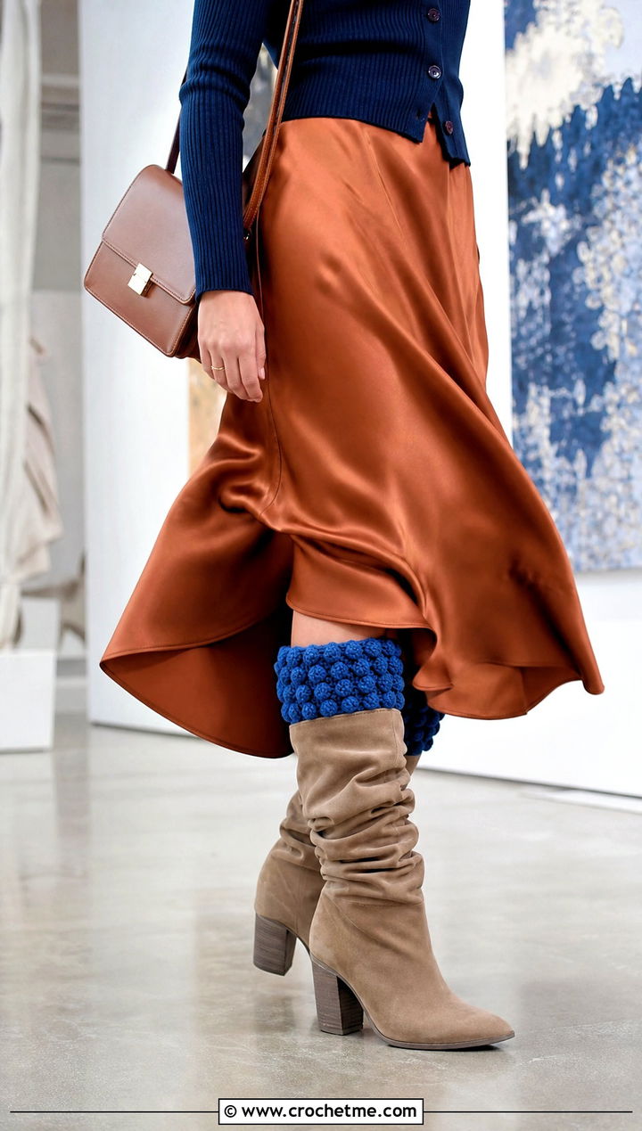Puff Stitch Crochet Boot Cuffs With Midi Skirt and Slouch Boots - 30 crochet boot cuff outfit ideas