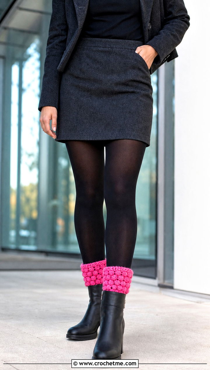 Puff Stitch Crochet Boot Cuffs With Mini Skirt - 35 crochet boot cuffs outfit ideas