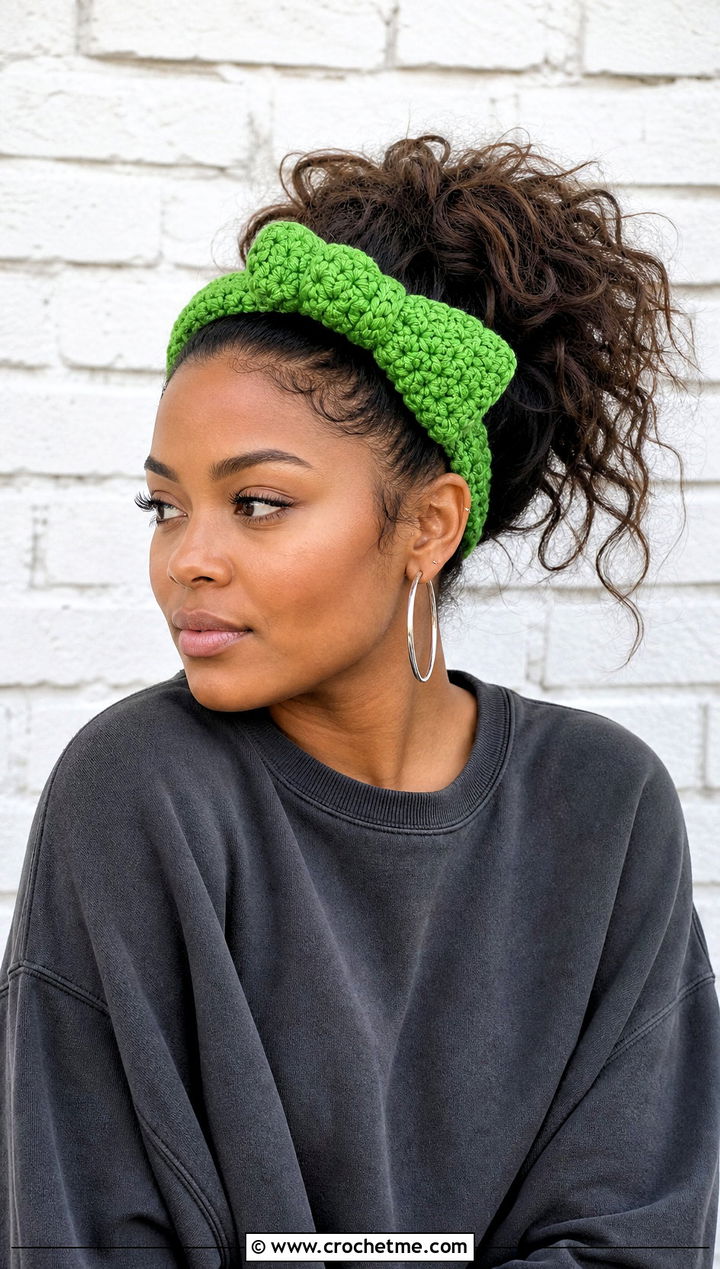 Puff Stitch Crochet Bow Headband With Sweatshirt And Cargo Pants - 30 crochet headband with bow outfit ideas
