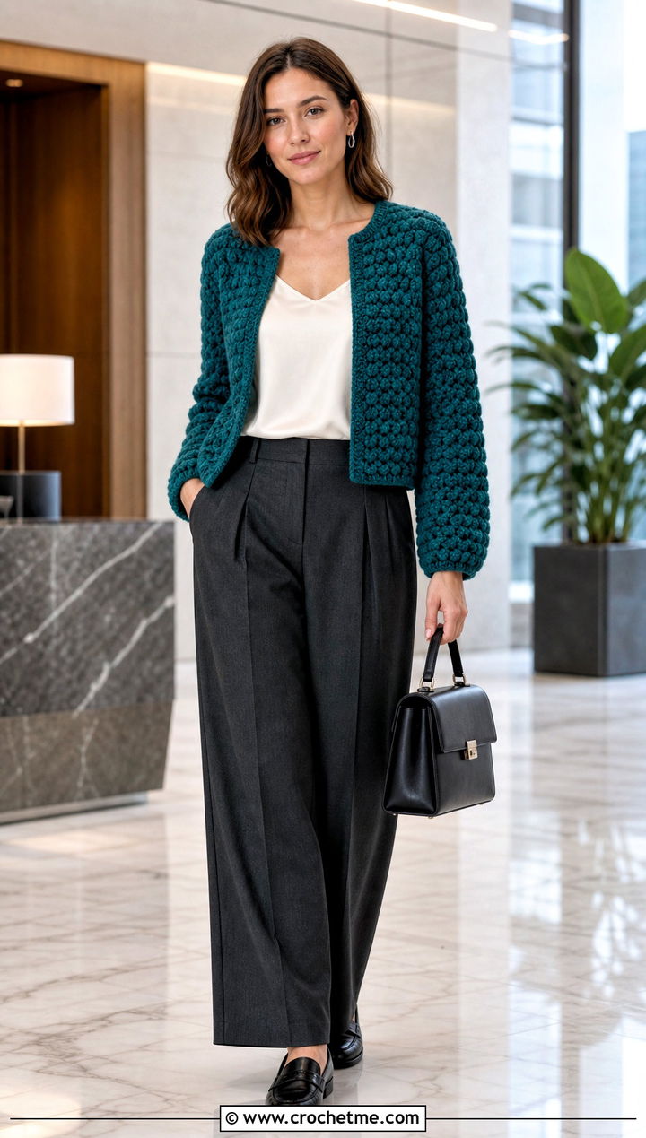 Puff Stitch Crochet Cardigan With Tailored Trousers - 30 puffy crochet cardigan outfit ideas