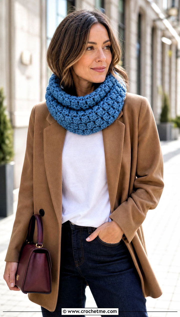 Puff Stitch Crochet Chunky Cowl With Blazer And Jeans - 30 crochet chunky cowl outfit ideas