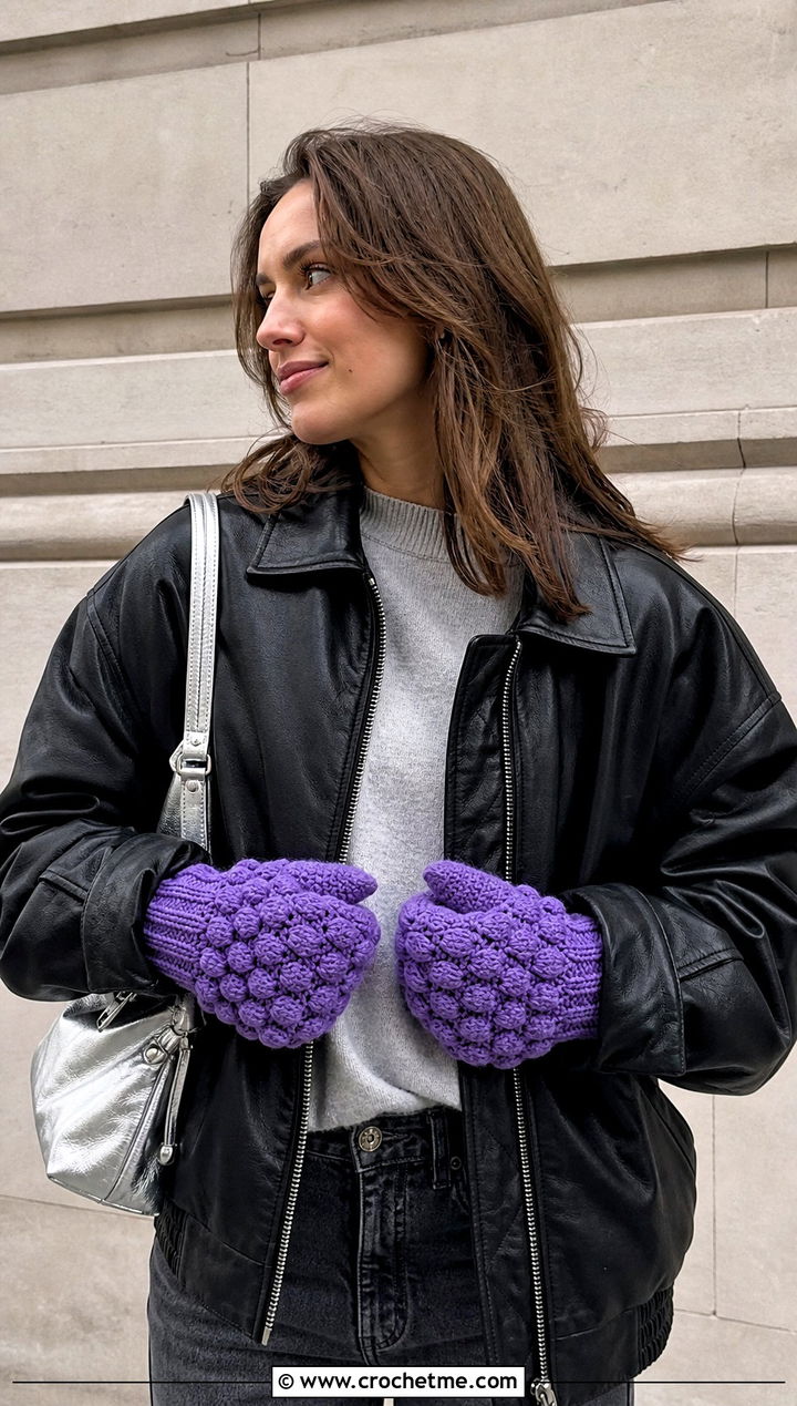 Puff Stitch Crochet Chunky Mittens With Leather Jacket - 30 crochet chunky mittens outfit ideas