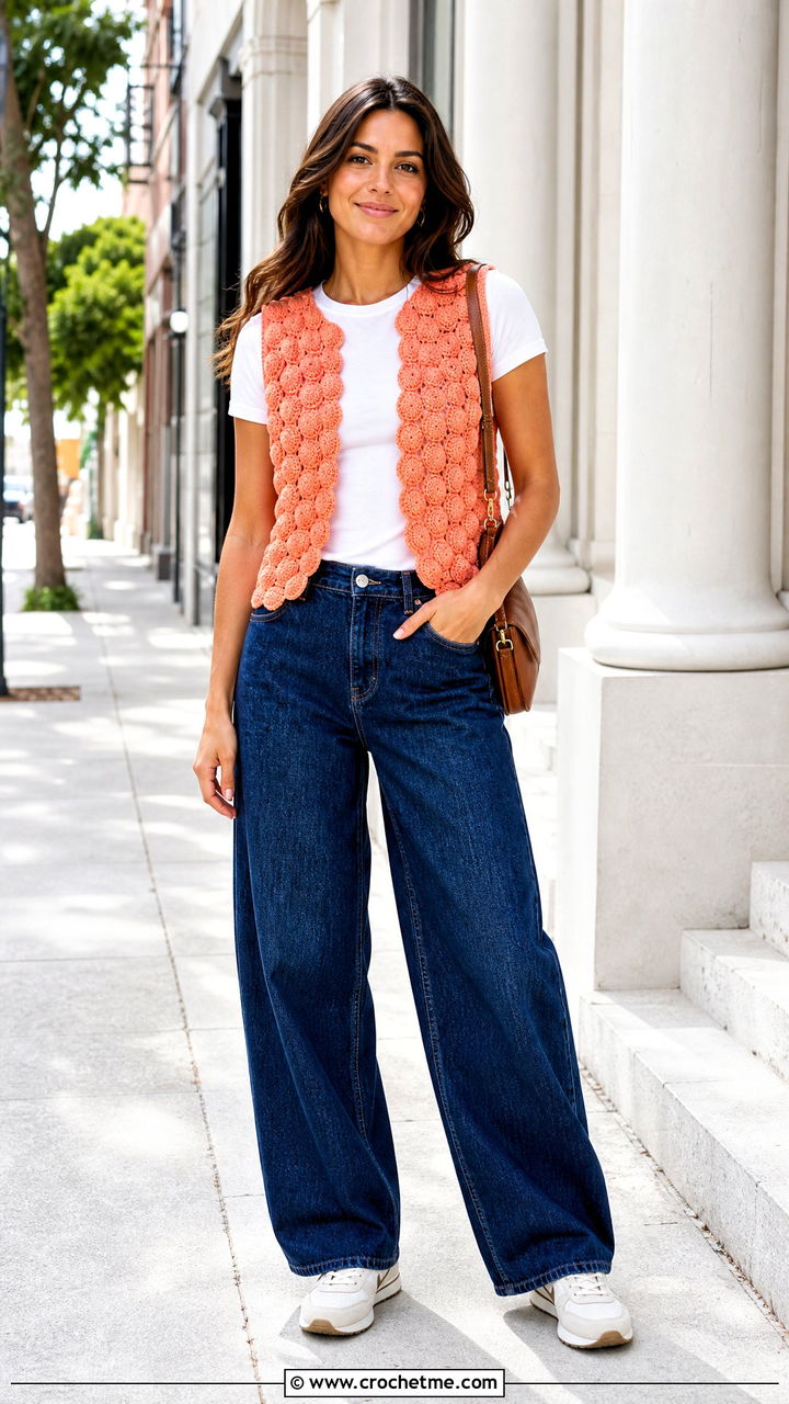 Puff Stitch Crochet Circle Vest With Tee And Barrel Jeans - 35 crochet circle vest outfit ideas