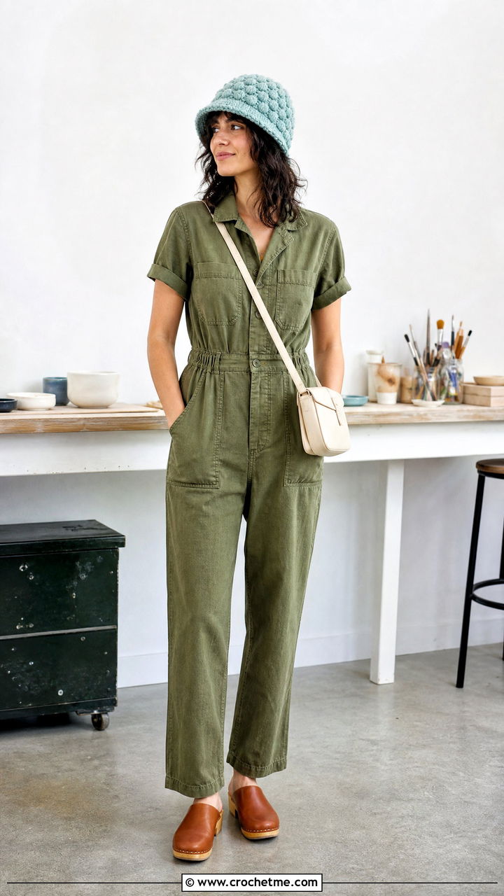 Puff Stitch Crochet Cloche Hat With Utility Jumpsuit And Clogs - 35 crochet cloche hat outfit ideas