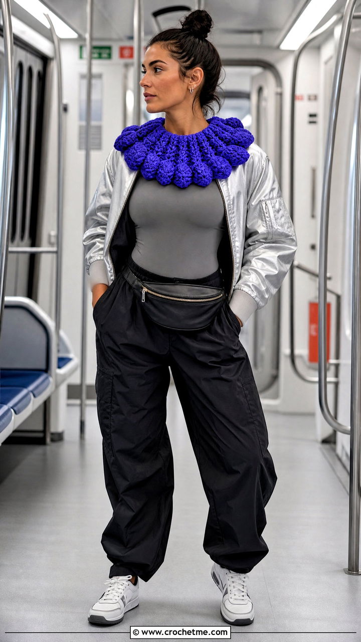 Puff Stitch Crochet Clown Collar With Bomber Jacket - 35 crochet clown collar outfit ideas