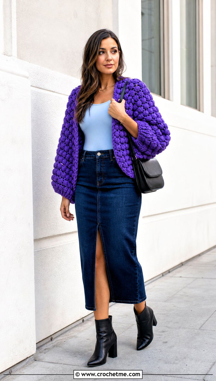 Puff Stitch Crochet Cocoon Shrug With Denim Midi Skirt - 30 crochet cocoon shrug outfit ideas