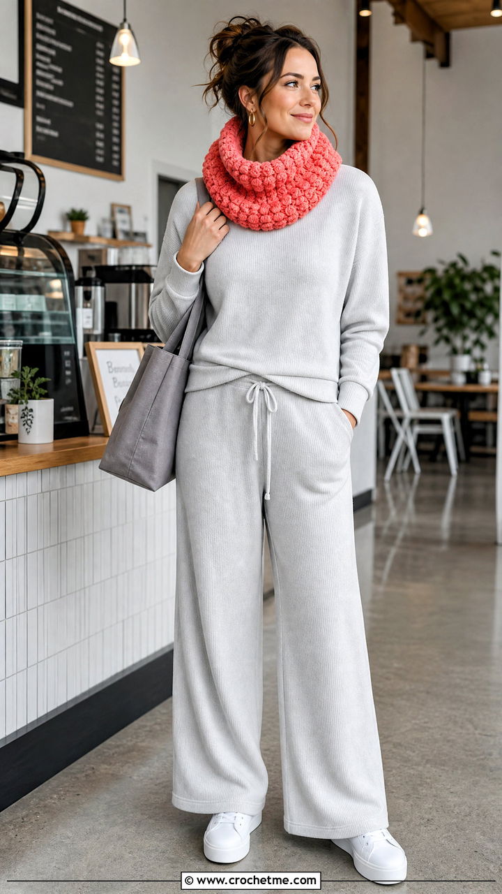 Puff Stitch Crochet Cowl Neck Warmer With Knit Lounge Set Outfit - 35 crochet cowl neck warmer outfit ideas