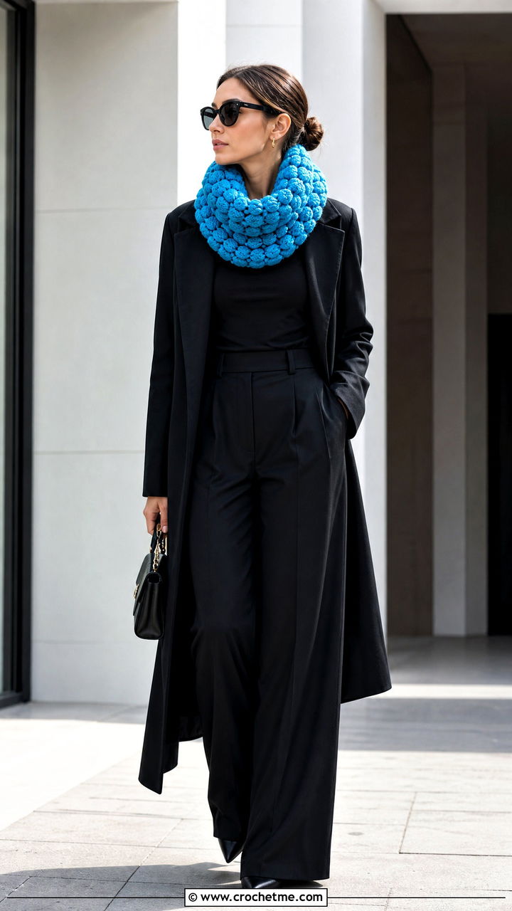 Puff Stitch Crochet Cowl Scarf With Monochrome Outfit - 35 crochet cowell scarf outfit ideas