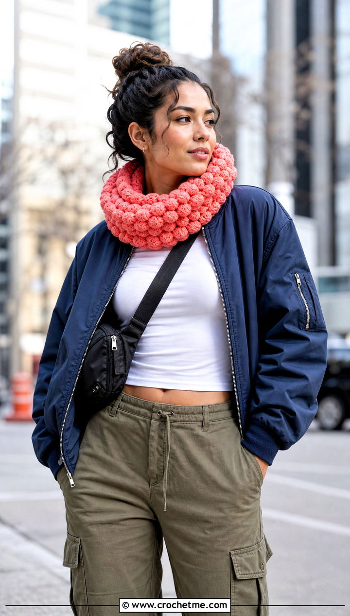 Puff Stitch Crochet Cowl With Bomber Jacket - 25 cowl crochet scarf outfit ideas