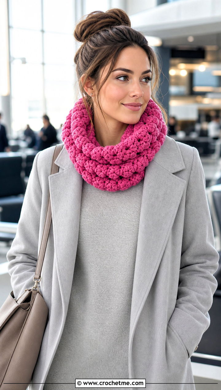 Puff Stitch Crochet Cowl With Monochrome Knit Outfit - 15 1 Skein Crochet Cowl outfit ideas